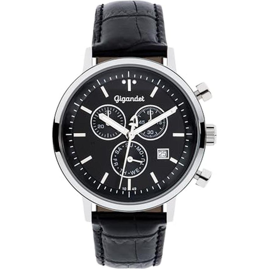 Gigandet, Orologio da polso, Mens Analogue Japanese Quartz Movement Watch with Leather Strap 3VNAG6004 Black Black band ring, Nero, (Orologio da polso