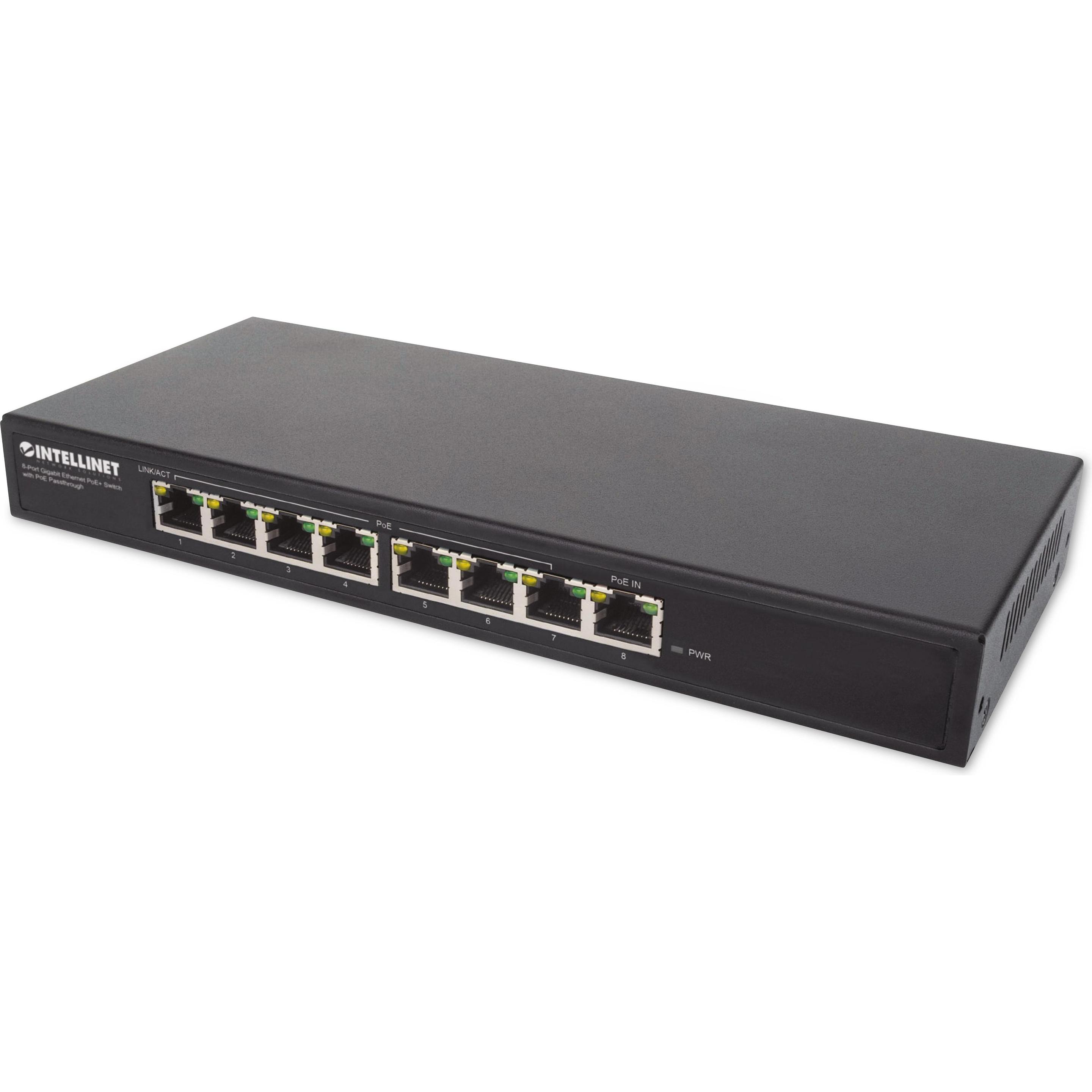 Intellinet 8-Port PoE+ Gigabit Switch mit PoE-Passthrough (8 Ports), Netzwerk Switch, Schwarz