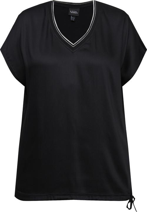 Image du produit Ulla Popken Blouse avec satin sur le devant. Décolleté en V et manches courtes. Cordon de serrage à la base. (46, 48)