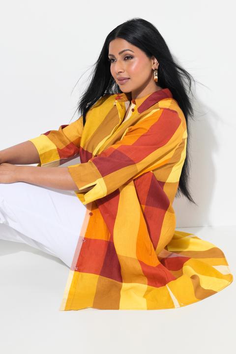 Actual product image Ulla Popken Linen Madras Check 3/4 Sleeve Shirt Dress (46, 48)