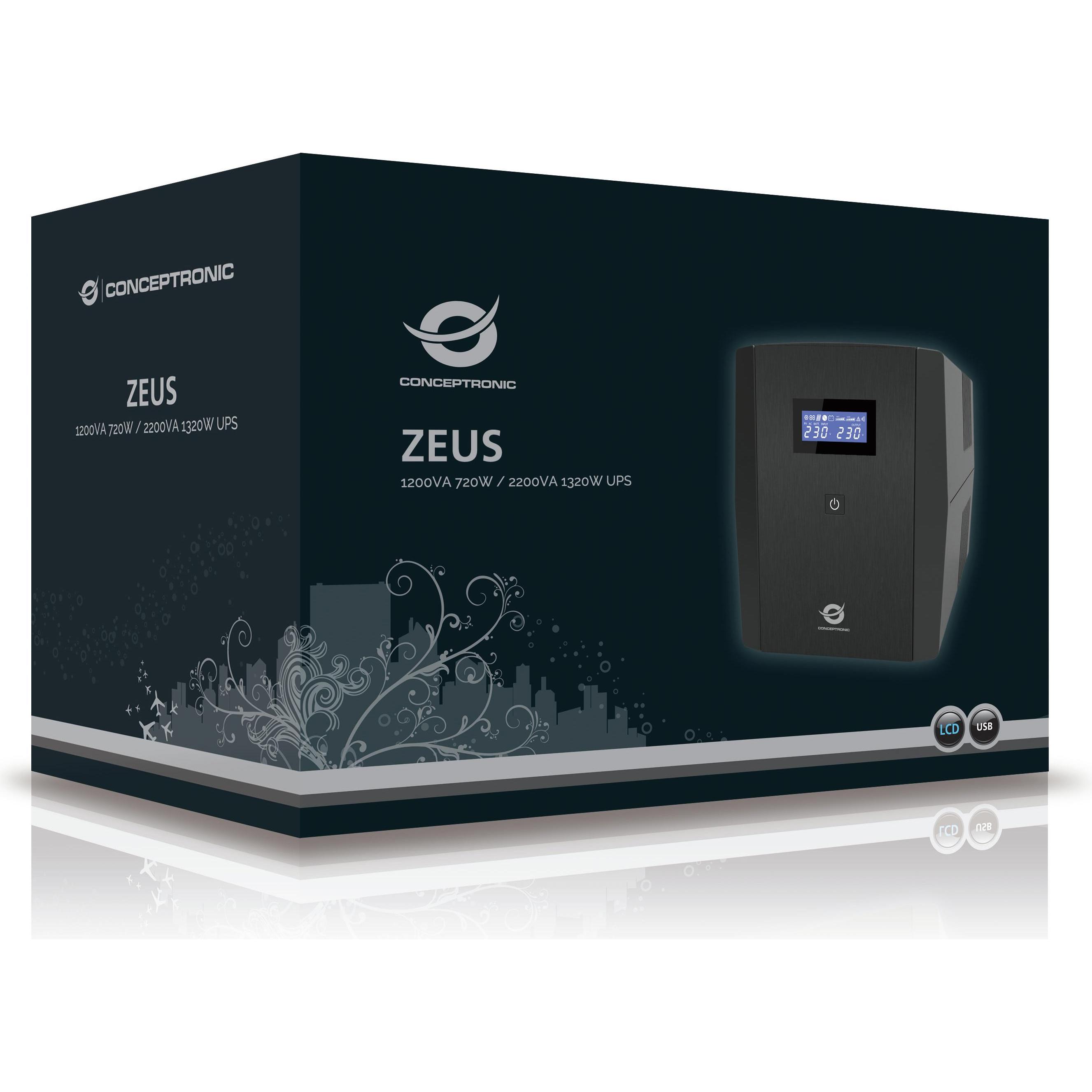 Thumbnail - Conceptronic ZEUS USV 2200VA 1320W 3xIEC+2xSchuko HID,USB (2200 VA, 1320 W, Line-Interaktiv USV), USV