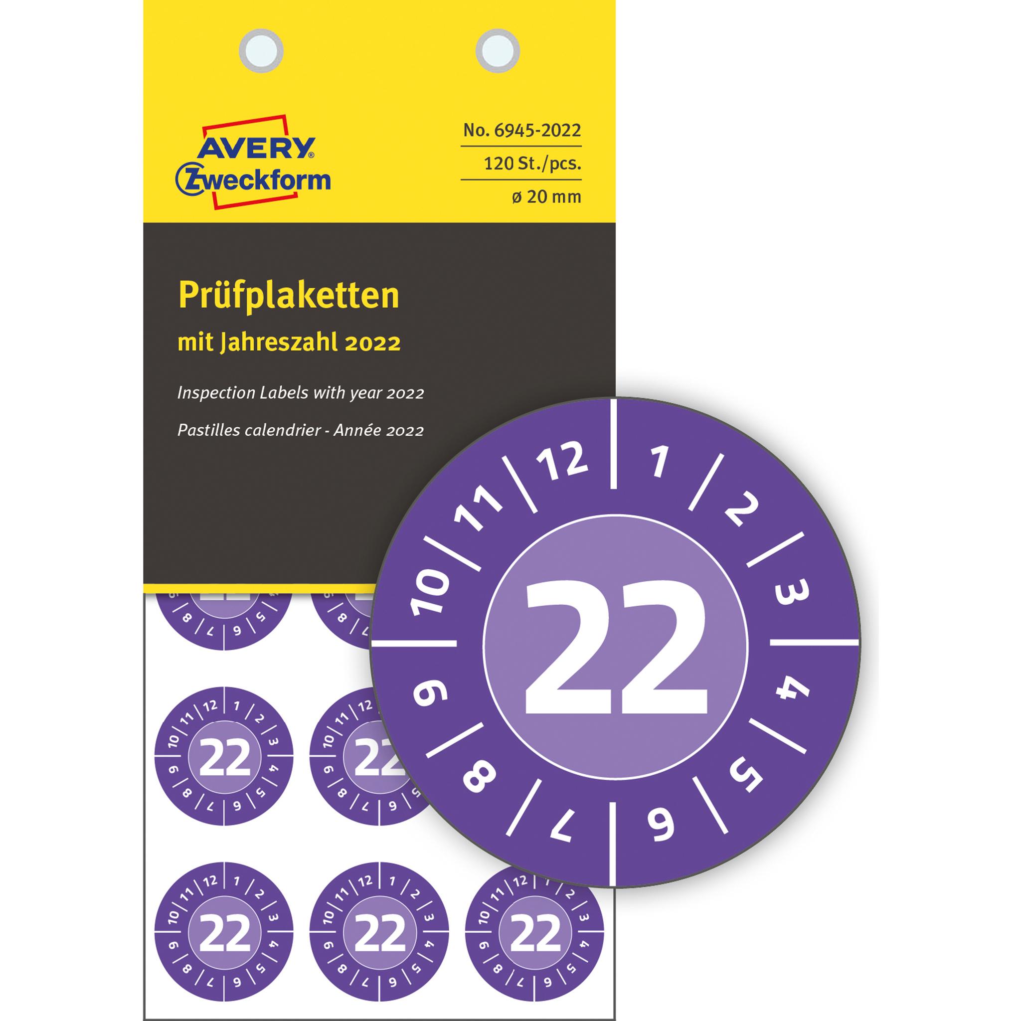 Avery Dennison, Sticker, Zweckform Prüfplaketten, 2022, NoPeel, violett, 20 mm abziehsicher, aus Sicherheits-Folie, hint...