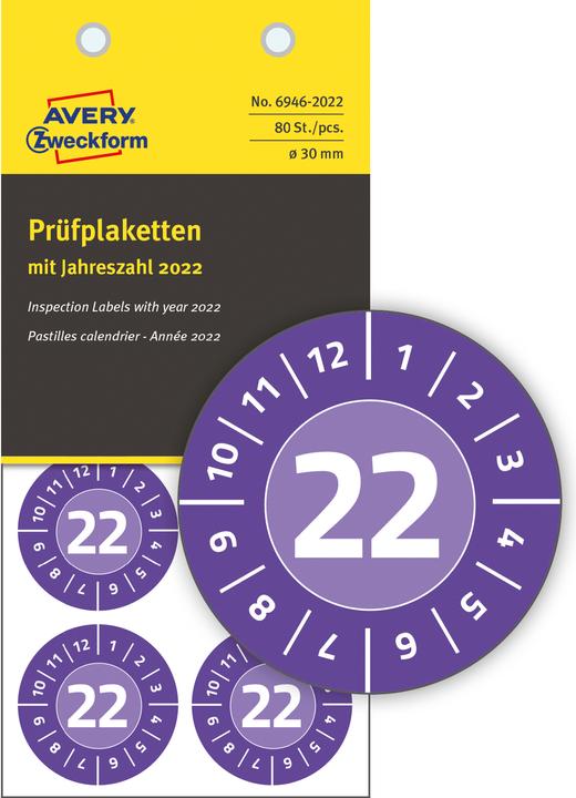 Produktbild Avery Dennison Zweckform Prüfplaketten, 2022, NoPeel, violett, 30 mm abziehsicher, aus Sicherheits-Folie, hinterläs