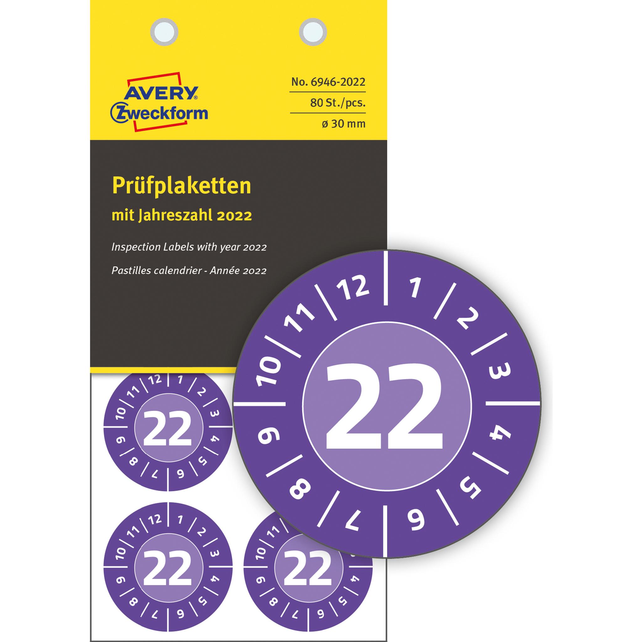 Avery Dennison, Sticker, Zweckform Prüfplaketten, 2022, NoPeel, violett, 30 mm abziehsicher, aus Sicherheits-Folie, hint...