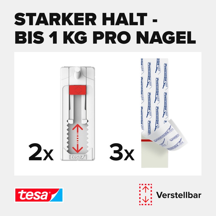 Produktbild tesa Klebenagel für Tapete & Putz, 1kg Halteleistung, höhenverstellbar