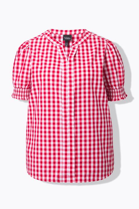 Actual product image Ulla Popken Puff Sleeve Split Neck Checked Blouse (62)