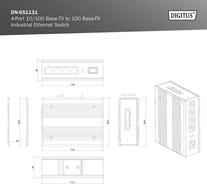 Immagine prodotto Digitus Switch Ethernet industriale da 4 porte 10/100Base-TX a 100Base-FX (4 porte)