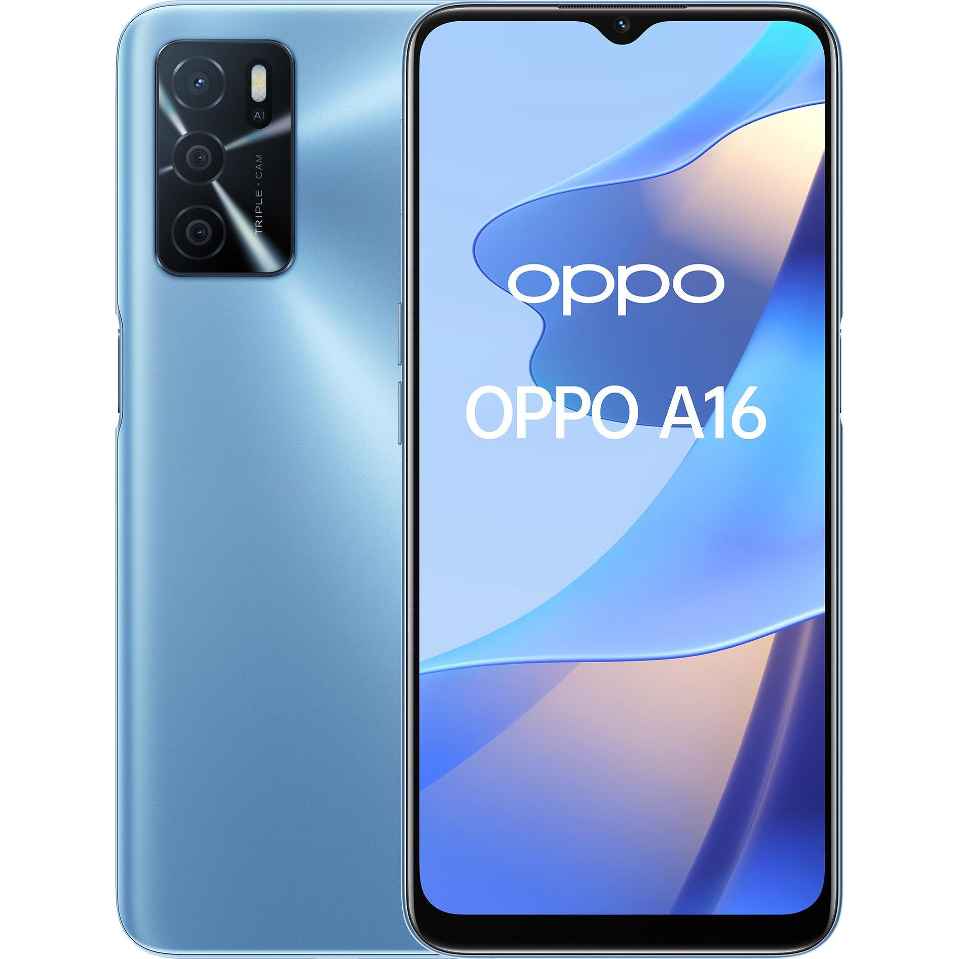 OPPO A16 (32 GB, Pearl Blue, 6.52", Dual SIM, 4G), Smartphone, Blau