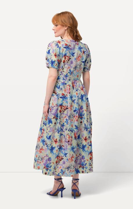 Image du produit Ulla Popken Robe midi en lin mélangé. Motif feuilles, décolleté rond et manches courtes bouffantes (60)