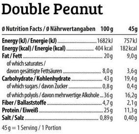 Nutritional values and ingredients HEJ Nutrition Hej Vegan Crispy Bar (45G) (Groundnut, Cocoa, Double Peanut, Chocolate, 1 pcs., 45 g)