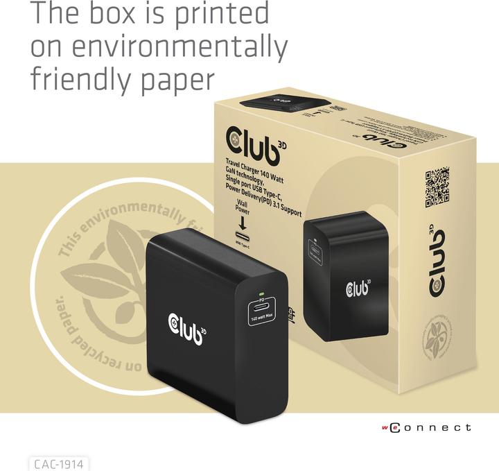 Club 3D Caricabatterie Club3D 1xUSB Tipo C, PD 140W al dettaglio (140 W)