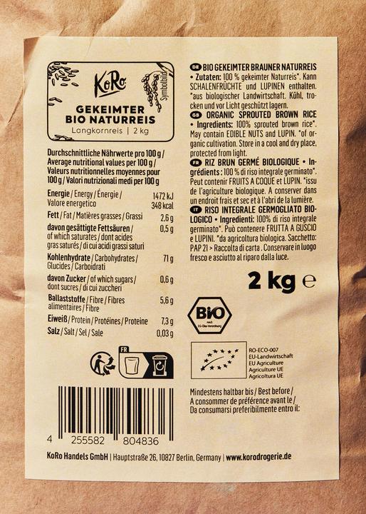 Nährwerte und Zutaten KoRo Bio gekeimter brauner Naturreis (2000 g)