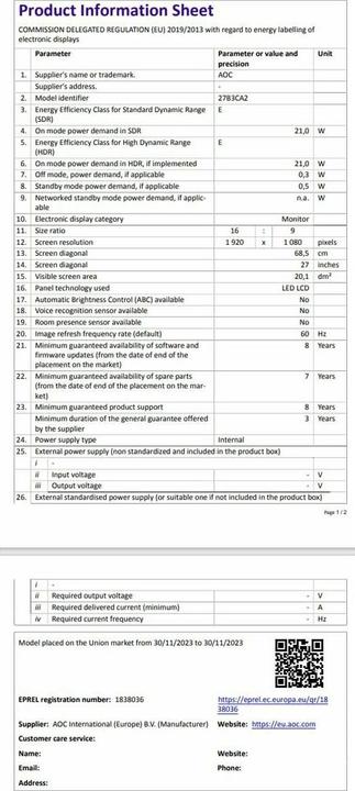 Productafbeelding AOC 27B3CA2 (1920 x 1080 Pixels, 27")