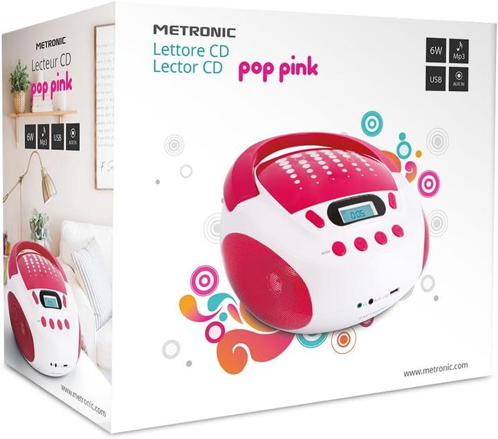 Actual product image Metronic Childrens CD Player MP3 Pop Pink with USB Port Power Supply or Batteries White and Pink