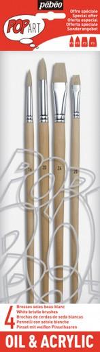 Pebeo Set 4 Langstielige Pinsel Borstenpinsel Rund Weiss + Flach