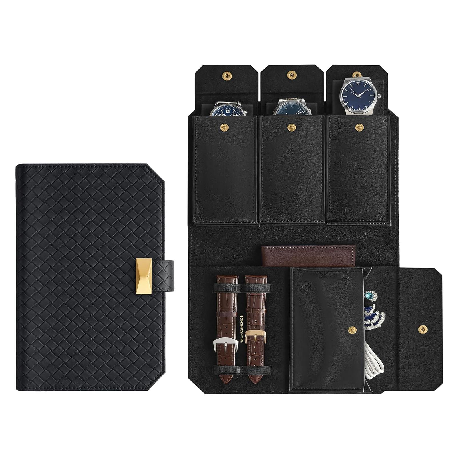 Songmics, Uhrenbox + Schmuckaufbewahrung, Uhrenbox Reiseetui Für 3 Uhren Schwarz, Schwarz