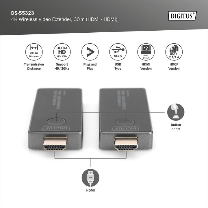 Image du produit Digitus Kit d'extension HDMI sans fil 4K (30 m, HDMI 2.0, HDCP)