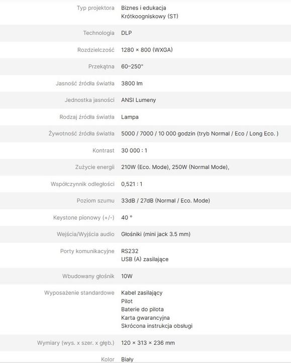 Nutritional values and ingredients vivitek Projektor krĂłtkoogniskowy DW355ST