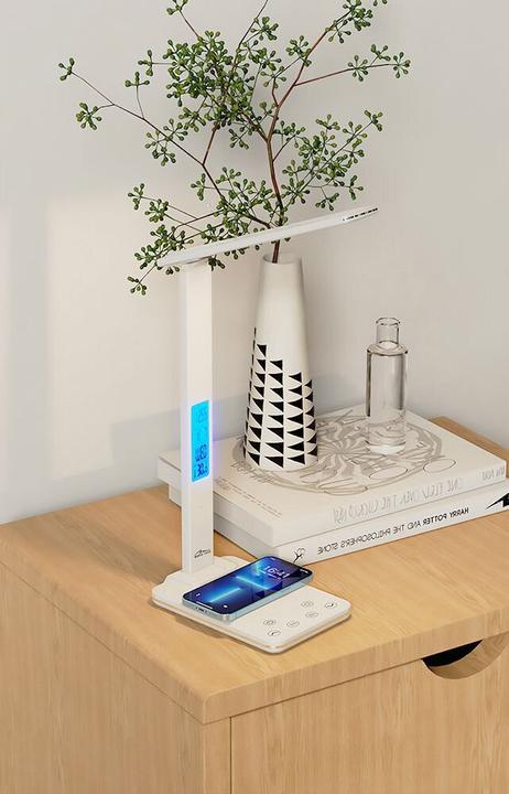 Actual product image Media-Tech LEDITOU - Energy-saving LED desk lamp with 15W QI wireless charger. Illuminated alarm clock with °C