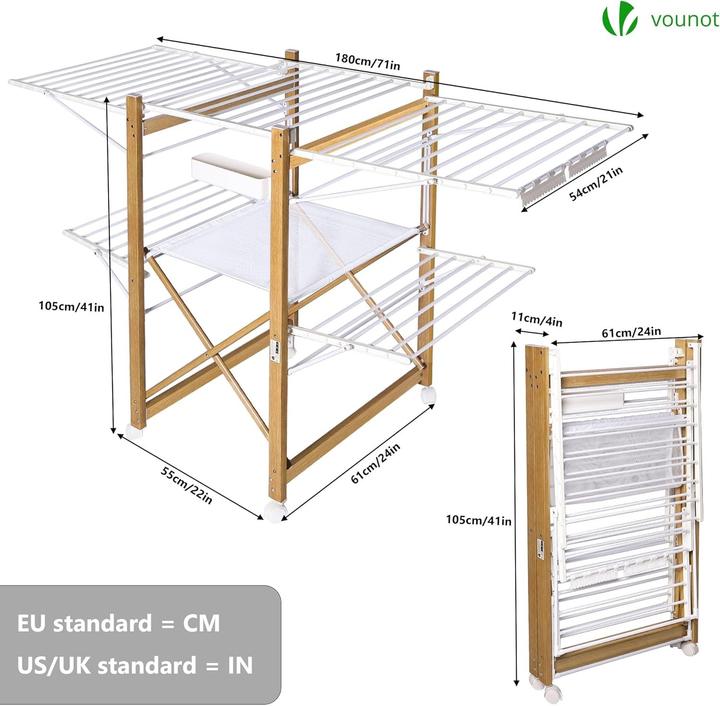 Actual product image Vounot Extendable Winged Drying Rack with Wheels and Folding Design (30 m)