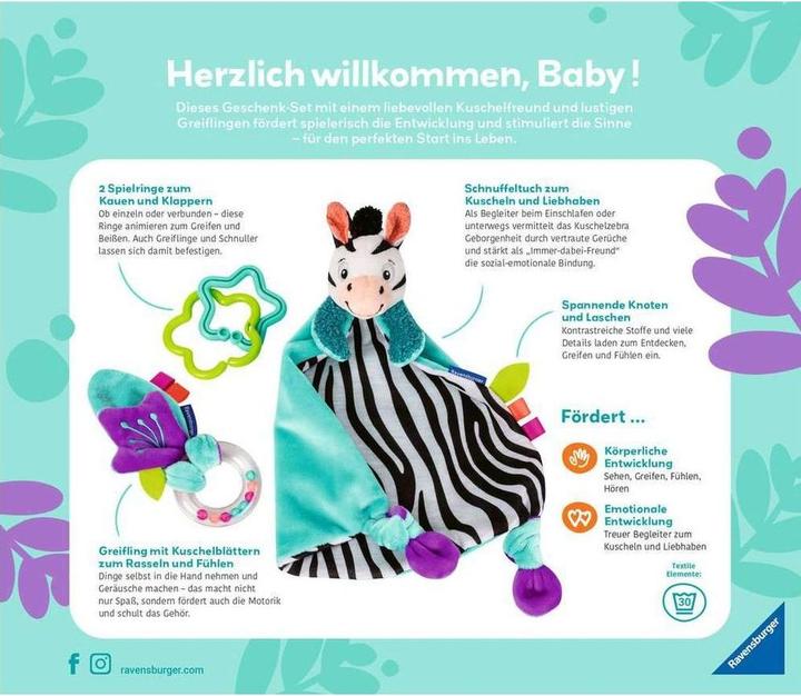 Produktbild Ravensburger 4858 play+ Fühlen, rasseln, spielen (Geschenk-Set: Zebra), Schmusetuch, Geschenk zur