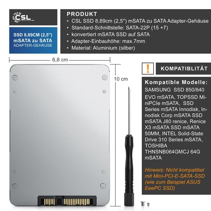 Produktbild CSL Festplattengehäuse, SSD 8,89cm (2,5) mSATA zu SATA Adapter, max. 7mm Einbauhöhe, Festplatten-Gehäuse