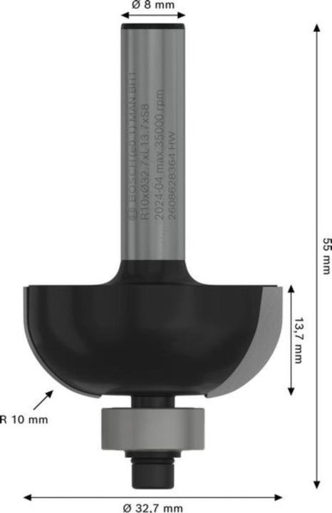 Produktbild Bosch Professional Zubehör Hohlkehlenfräser, 8 mm, R1 10 mm, D 32,7 mm, L 14 mm, G 55 mm
