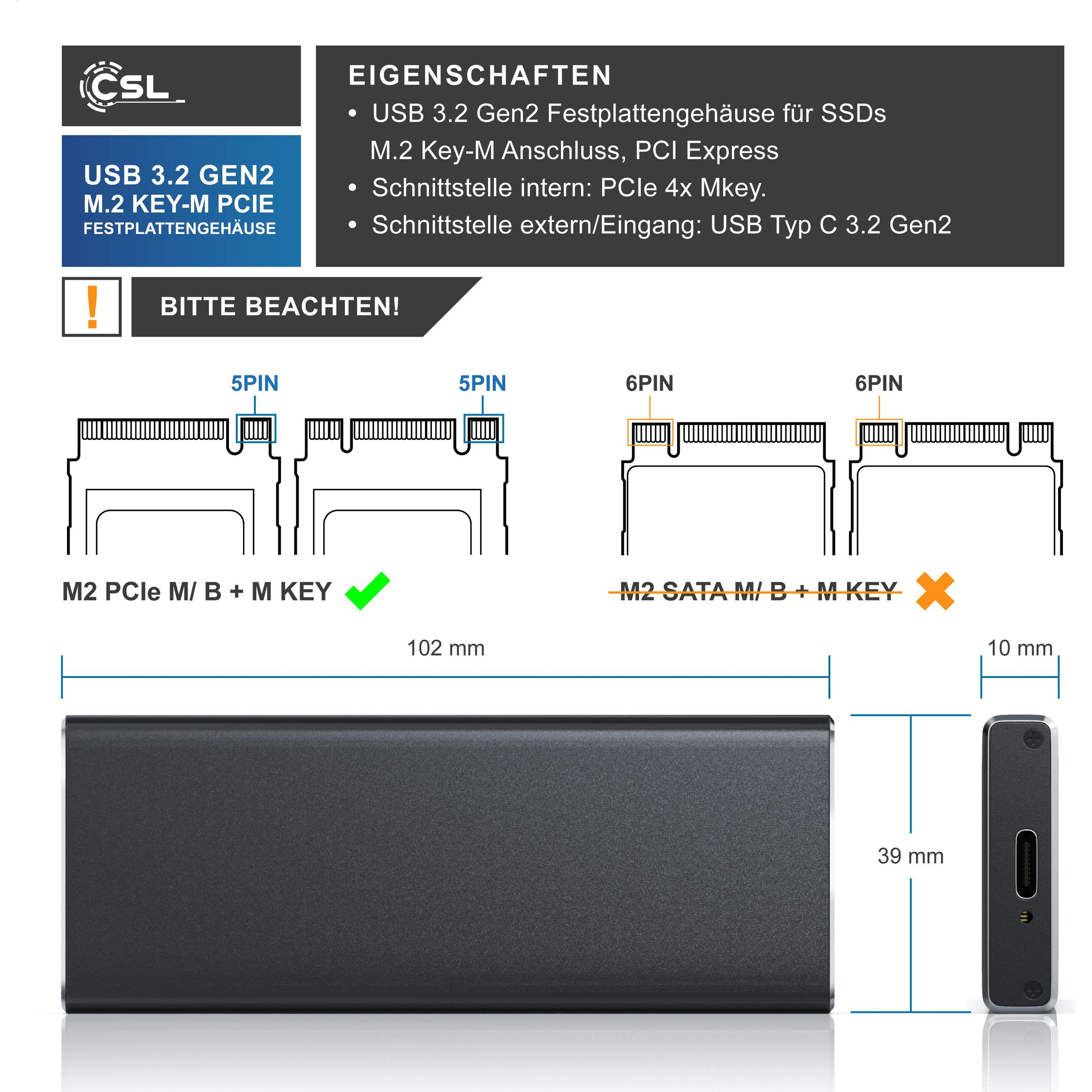 Thumbnail - CSL Festplatten Gehäuse, M.2 Key-M PCIe Festplattengehäuse extern USB 3.2 für NVME M.2 SSDs, UASP (M.2), Festplattengehä...