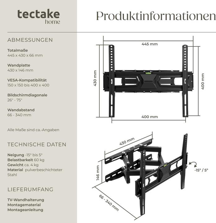 Immagine prodotto tectake Supporto a parete per TV (Muro, 55", 60 kg)