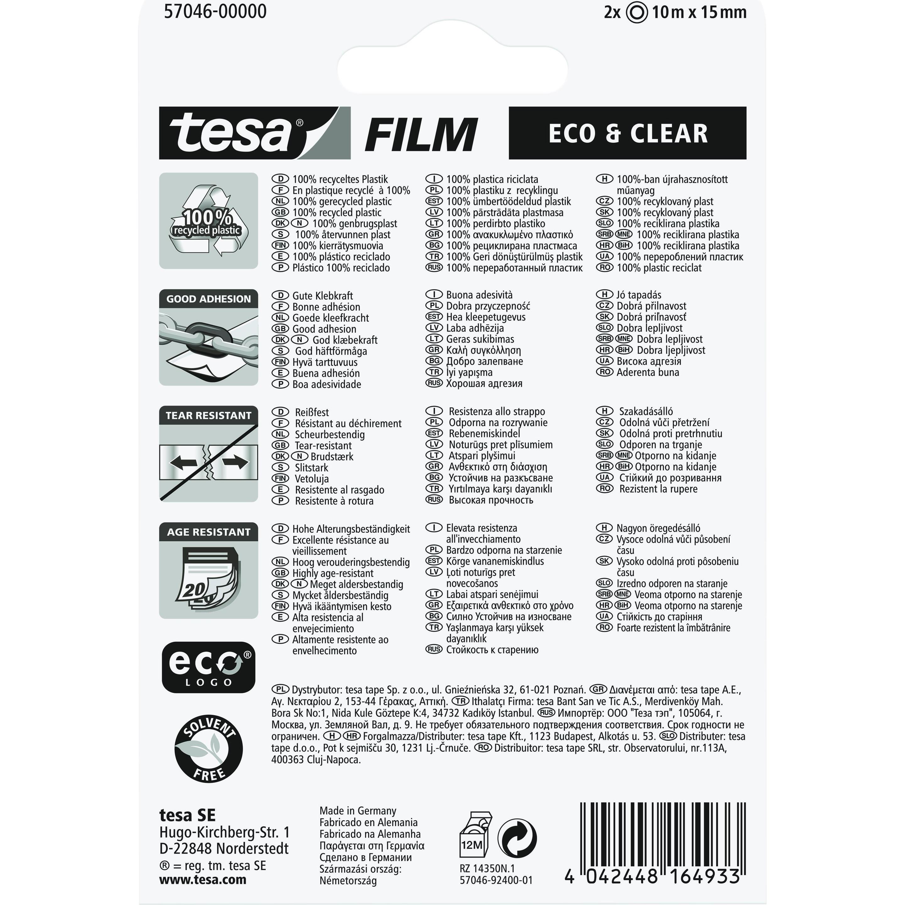 Thumbnail - tesa, Klebeband, 2x tesafilm ECO & CLEAR, lösungsmittelfrei und alterungsbeständig (15 mm)