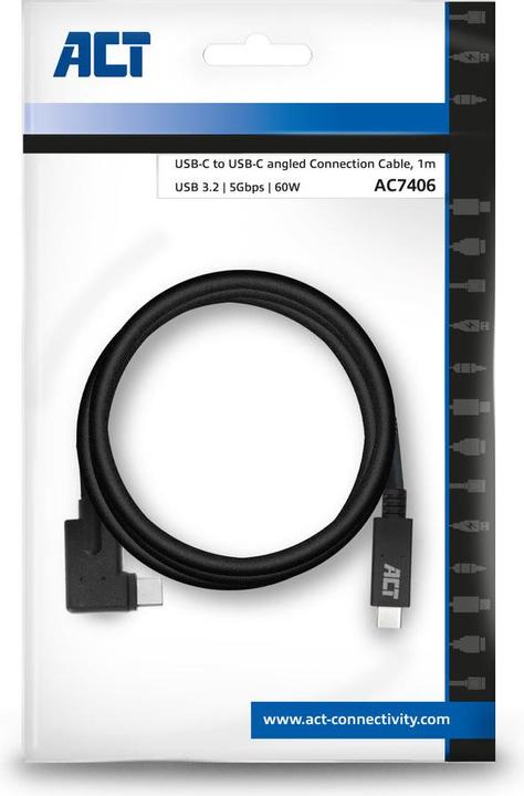 Produktbild ACT USB 3.2 Gen1 connection cable C male (straight) - C male (angled) 1 meter (1 m, USB 3.2 Gen 1, 60 W)