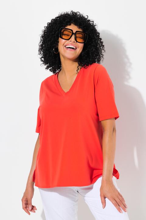 Produktbild Ulla Popken T-Shirt, Materialmix, A-Linie, V-Ausschnitt, Halbarm (58)