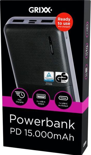 Actual product image Grixx Powerbank 15000mAh Power Delivery Micro USB & USB-C Black (15000 mAh, 55.50 Wh)
