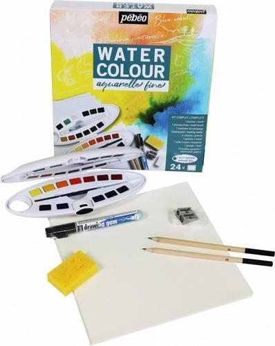 Actual product image Pebeo Complete Kit 24 Watercolour Half Pans Oval Box + Accessories