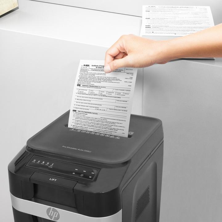 Actual product image HP Pro Shredder Auto 200CC document shredder with particle cut P-4, 4 x 20 mm, up to 200 sheets, black (Particle cut)
