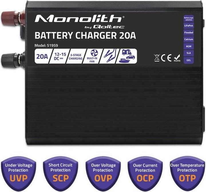 Image du produit Qoltec Inteligentna ładowarka Monolith do akumulatorów LiFePO4 AGM GEL SLA | 20A | 12V (12V, 20 A)