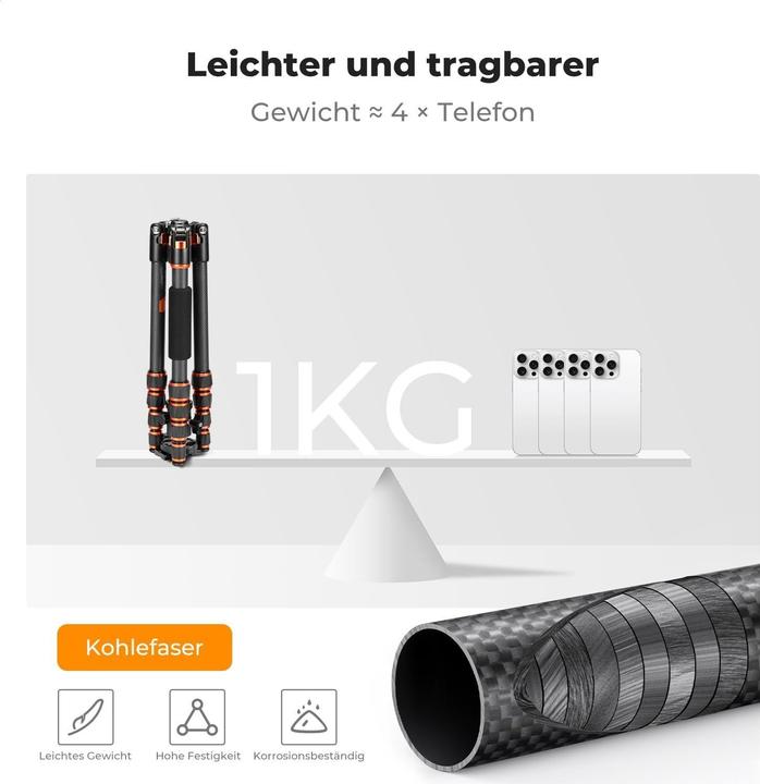 Produktbild K&F Concept Leichtes Reisstativ mit 360-Grad-Kugelkopf und Monopod-Funktion (Carbon)