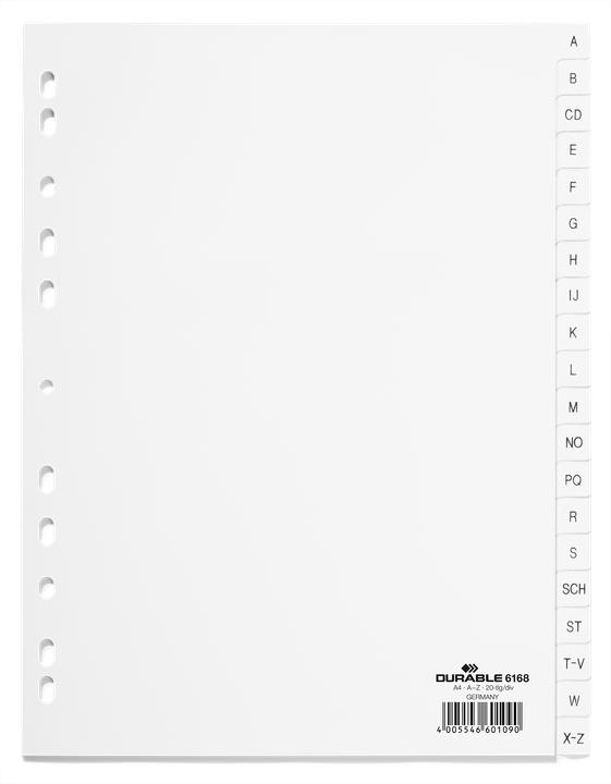 Actual product image Durable Plastic indexes, A-Z, A4, PP, 20-part, whiteá