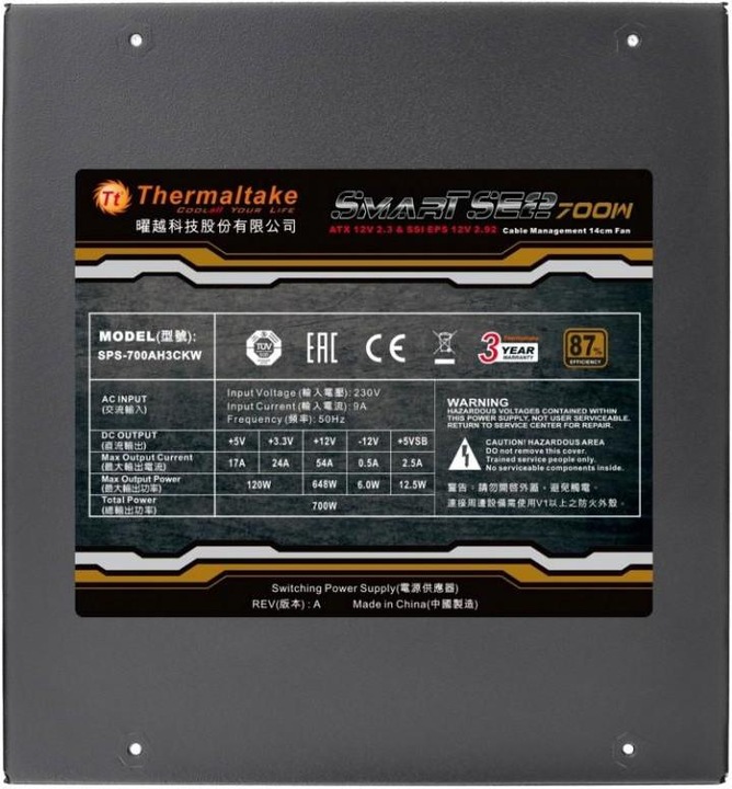 Immagine prodotto Thermaltake ALIMENTAZIONE ATX 700W SMART SE2 NERO 87% EFFICIENZA/SEMI MODULARE/VENTOLA 140MM PS-SPS-070 (700 W)