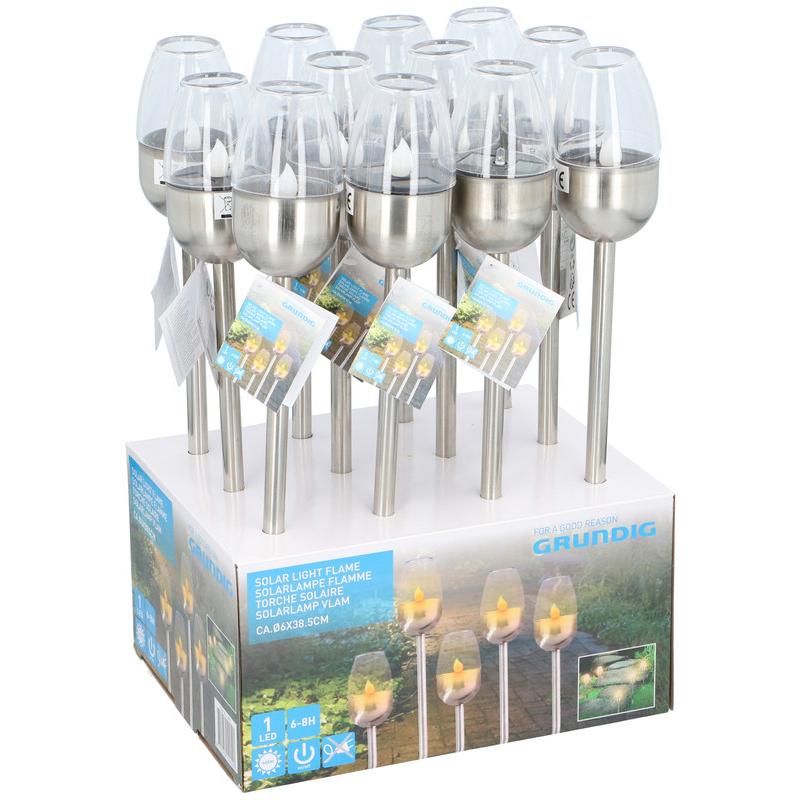 Grundig, Gartenbeleuchtung, Solarlampe Flamme LED 38,5 cm Edelstahl Silber