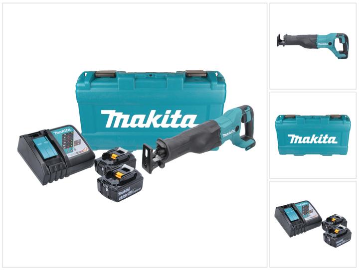 1x sega alternativa a batteria Makita DJR 186, 2x batteria Makita BL 1860 B 18 V 6.0 Ah, 1x caricabatterie Makita DC 18 RC, 1x valigetta Makita in plastica