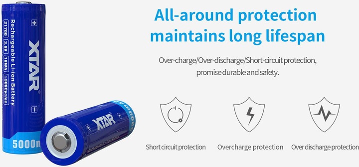 Actual product image Xtar 5000mAh 3.6V 21700 battery with PCB (1 pcs., Device specific, 5000 mAh)