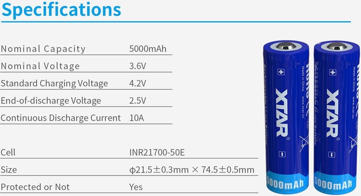 Actual product image Xtar 5000mAh 3.6V 21700 battery with PCB (1 pcs., Device specific, 5000 mAh)
