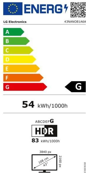 Energy Label LG 43NANO81A6A sw NanoCell LED-TV UHD,Multituner,Smart,PVR,a7,HDR (43", Nano-Cell, 4K)