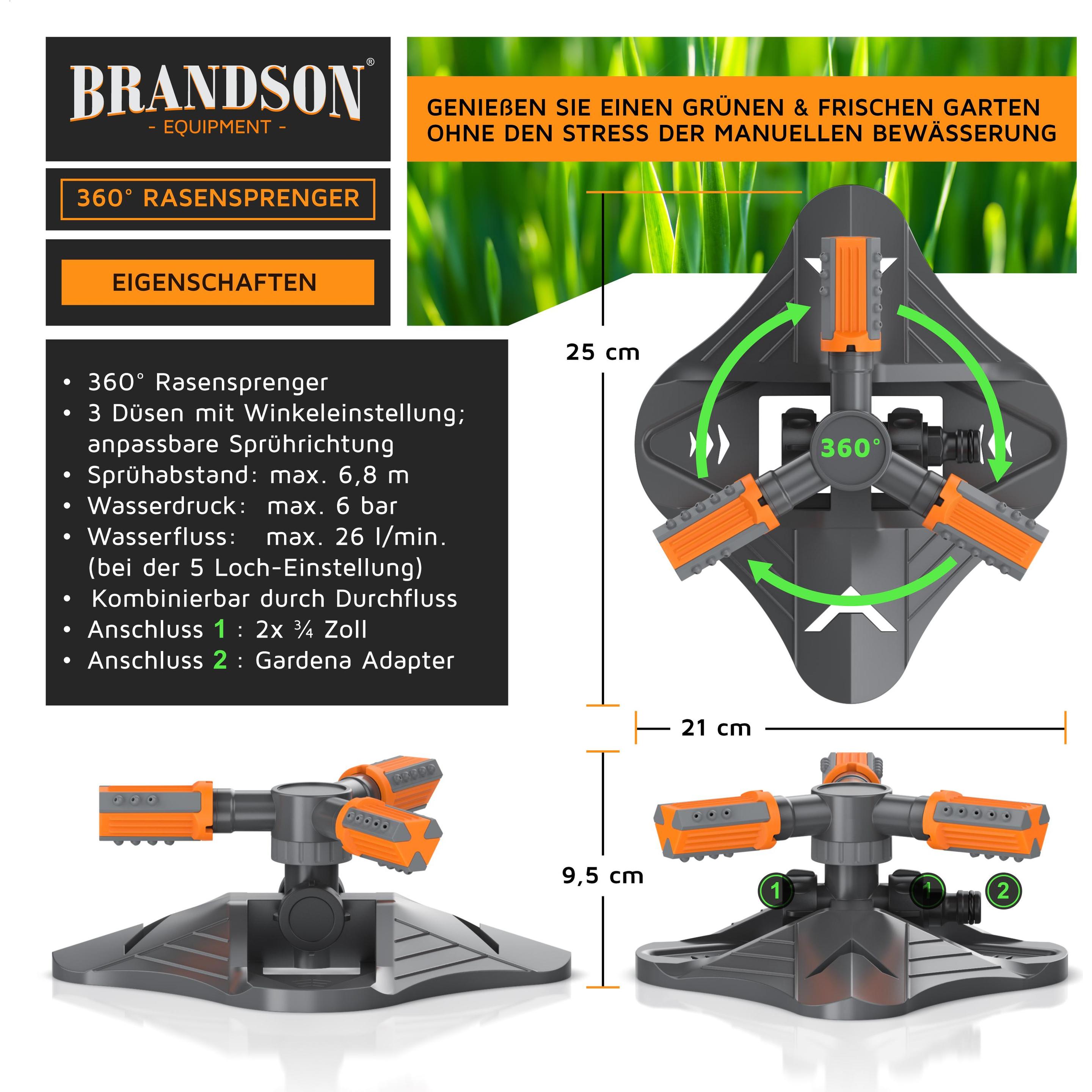 Thumbnail - Brandson, Rasensprenger, Kreisregner, 360° Rasensprenger, 3 Arm, Garten Sprinkler, Bewässerungssystem, Gardena kompatibe...