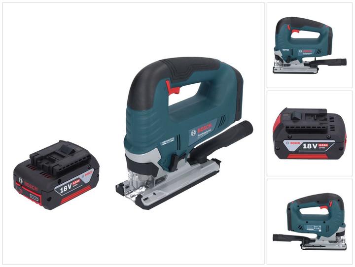 1x Bosch GBA 18 V / 4 Ah / 4000 mAh batterie Li-Ion, 1x lame de scie sauteuse T 144 D, 1x Kit d'aspiration (1 619 P17 472), 1x protection contre la déchirure des copeaux (2 601 016 065), 1x Bosch GST 18V-125 B Professional Scie sauteuse sans fil, sans chargeur, Vitesse pour le bois (2 608 630 560)