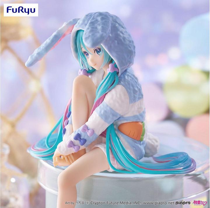 Actual product image Furyu Hatsune Miku Noodle Stopper PVC Statue Hatsune Miku Rabbit Ear Hood Pajama Blue Color Ver. 14 cm