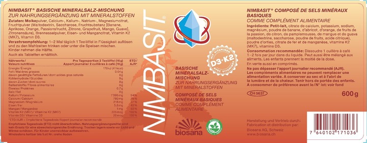 Nährwerte und Zutaten Nimbasit Mineralsalz Pulver (1 Stück, Pulver, 600 g)