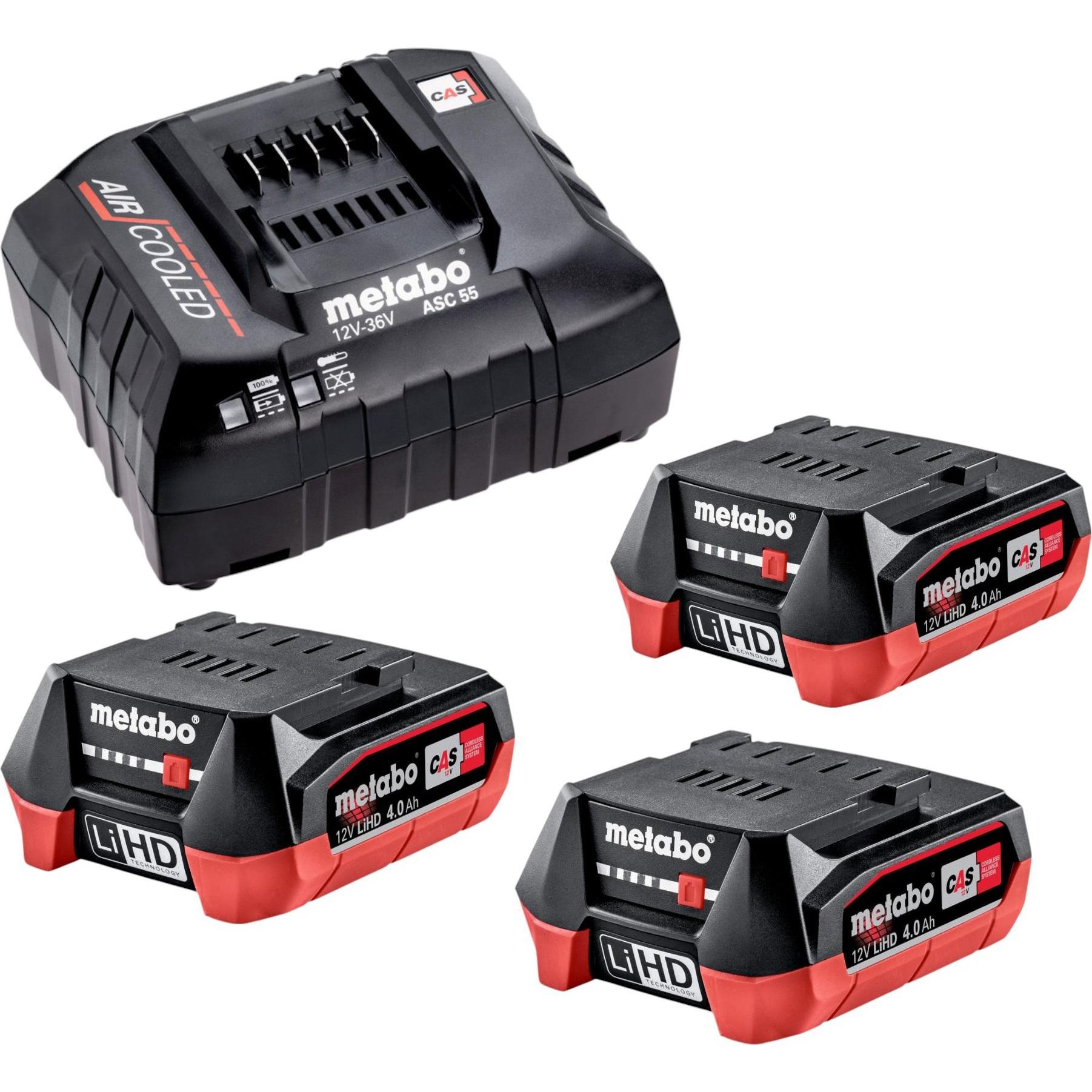 Metabo, Werkzeugakku + Ladegerät, Basis Set 3x LiHD Akkupack 12 V 4,0 Ah Akku ( 3x 625349000 ) + ASC 55 Ladegerät ( 6270...