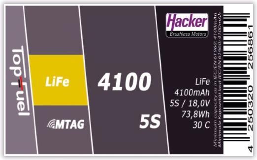 Actual product image Hacker RC Battery LiFe 4100 mAh 16.5 V 30C TopFuel MTAG (16.50 V, 4100 mAh)